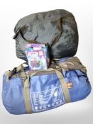 A group of camping equipment comprising a domed tent in carry bag, sleeping bag,