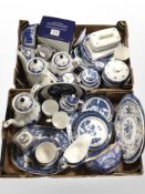 A collection of blue and white ceramics including Booths, Real Old Willow Pattern dinner wares,