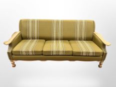 A Danish light oak late-20th century three-seater settee, 186cm wide x 75cm deep x 77cm high.