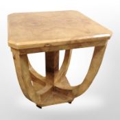An Art Deco style high gloss figured walnut square lamp table,