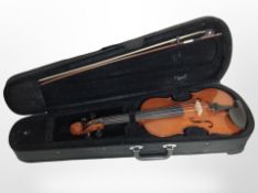 A modern violin with two-piece 13.5-inch back, in case with bow.