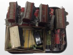 A group of vintage tin-plate locomotives, rolling stock and track.