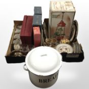 A group of boxed Bohemian drinking glasses, silver-plated wares, hanging plant holder in box,