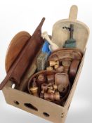 A group of 20th century treen including Scandinavian shallow bread board, rolling pin,