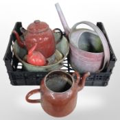 A group of enamelled metal wares, galvanised watering can, brass miniature easel frames,