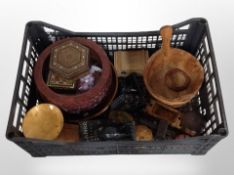 A collection of treen including pair of ebony elephant bookends, trinket boxes,