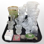 A group of crystal vases, basket, jug, together with a plated trinket box, crowns, two hat pins,