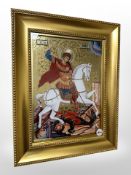 A Russian icon depicting Saint George, framed, 22cm x 31cm.
