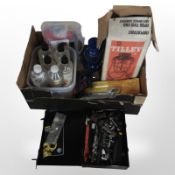 A Tilley lamp in box, together with a further lamp, group of tools,