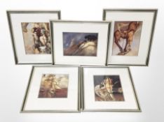 After Michael Parkes : A group of five semi-nude classical prints, each 22cm x 30cm.