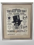 A framed piece of sheet music, The Old Hat That Father Wore, by Tommy Handley, in frame,