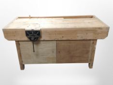 A vintage pine joiner's workbench, fitted with a record No.