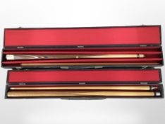 Two cased two-piece snooker cues, together with a BSA Meteor .