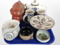 A group of Scandinavian studio pottery including money box in the form of a pig, pedestal bowl,