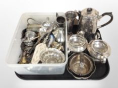 Assorted silver-plated wares including part tea set, cutlery, napkin rings, bowls, etc.
