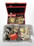 A jewellery box and further box of gold plated costume jewellery, dress rings,