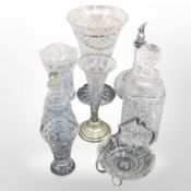 A group of crystal items including decanter, vases, basket, etc.
