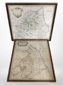 A 17th century hand-coloured and engraved map of Northumberland by Robert Morden, 43cm x 36cm,
