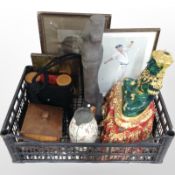 A group of ornaments and glass ware, figure of Buddha, decanters, chess set, pair of binoculars,
