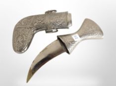 A contemporary Arab Jambiya knife in ornate sheathe, length 18cm.
