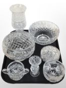 A Stuart crystal vase, together with two fruit bowls, a rose bowl, circular lidded trinket box, etc.