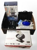 A home sound system, together with an LCD TV wall mount, table lamp,