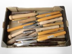 A collection of Sorby woodworking chisels and similar tools.