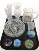 Four contemporary studio glass paperweights including Caithness and six further pieces of crystal.