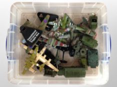 A group of vintage die-cast metal military vehicles and aircraft including Dinky.