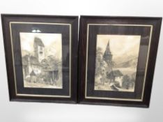 E A B (19th/20th century) : Two mountain village scenes, one entitled Montereux, pastel,