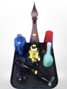 A Murano glass clown and several coloured glass vases, tallest 47cm.