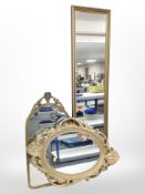 Three contemporary gilt mirrors, largest 122cm x 30cm.