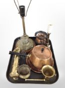 A group of continental brass lamp bases, mortar and pestle, spirit burner,