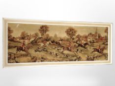 A large fabric picture depicting a fox hunt, in painted frame, overall 182cm x 74cm.