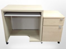 A contemporary MDF computer desk and further two-drawer pedestal.
