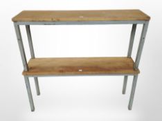 A pair of pine and metal rectangular benches, length 92cm.