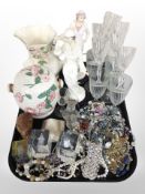 A Maling lustre jug and biscuit barrel, together with several crystal wine glasses,