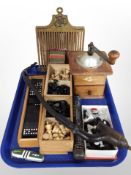 Two stained boxwood chess sets, further plastic chess pieces, together with a box of dominoes,