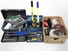 Two toolboxes and a further cardboard box containing assorted hardware, socket pieces,
