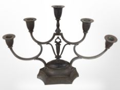 A five-sconce pewter candlestick, height 29cm.