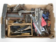 A group of woodworking and other tools including Stanley No. 4 plane, chisels, vices, calipers, etc.