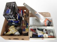 A group of hand and power tools, boxed, jump starter, other hardware (continental plugs).