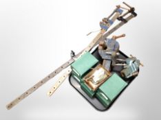 Two sash clamps, two bench vices, and a group of six new leather latch Regency-style door handles.