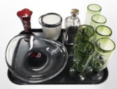 A group of Scandinavian glass wares including Holmegaard decanter, etched ruby glass vase,