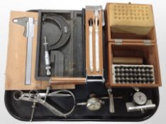 A group of precision calipers, thermometers, gauges, set of letter stamps in teak box, etc.