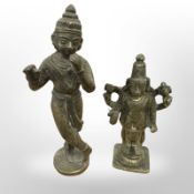 Two 19th century Tibetan cast brass devotional temple figures, tallest 12.