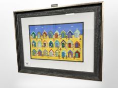 Gordon Barker : Figures playing on a beach, acrylic painting, 29cm x 19cm.