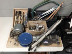 A group of joinery tools, Draper mitre saw, handsaws, brushes, bench-top motor, etc.