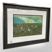 Gordon Barker : Figures in the countryside, acrylic painting, 29cm x 19cm.