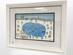 Gordon Barker : Figures playing in snow, acrylic painting, 29cm x 19cm.